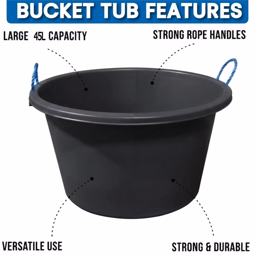 VOGREX 45L Black Heavy Duty Plastic Muck Tub with Rope Handle – 4