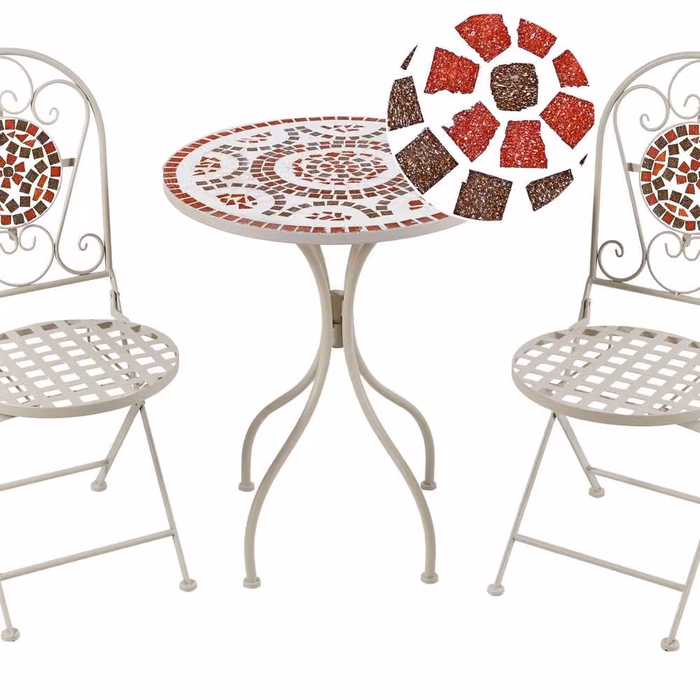Wyld and Coco Garden Vista White Metal Bistro Set with Mosaic Table and 2 Folding Chairs – 2