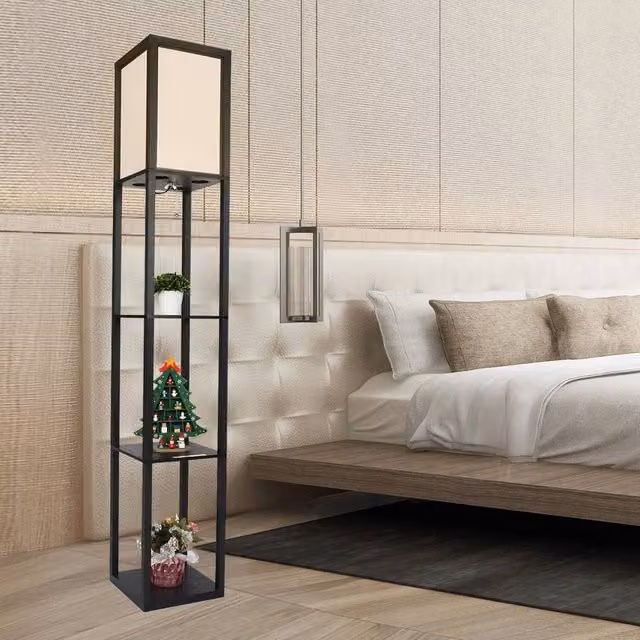 EONLION Black Modern Metal Floor Lamp with Fabric Shade and Shelf Storage