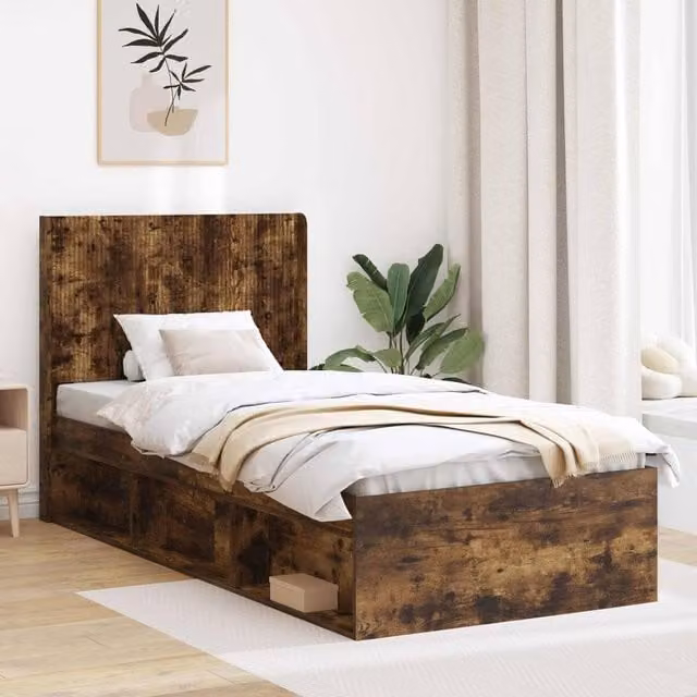 Berkfield Home Modern Bed Frame with Headboard and Side Compartment Storage, Smoked Oak, Brown, W: 90 cm, L: 190 cm