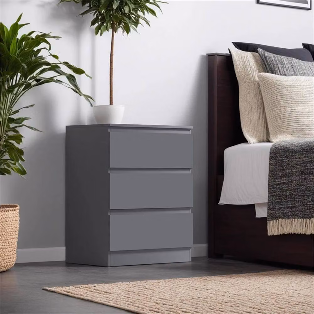 FLAVORA Scandinavian Matt Grey Handleless 3 Drawer Bedside Chest – 4