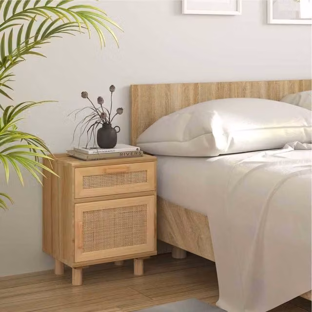 Berkfield Home Set of 2 Decorative Bedside Cabinets in Brown Solid Pine and Rattan