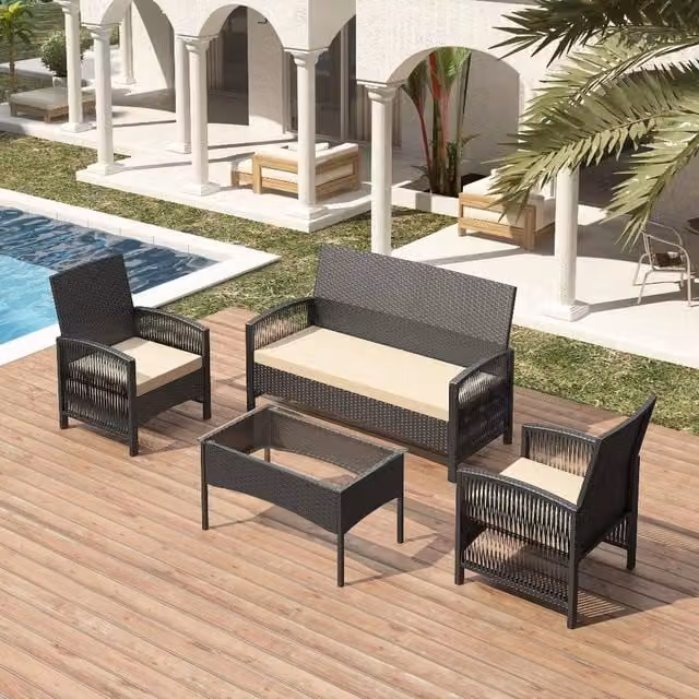 SPETLEK 4-Piece Black Rattan Garden Furniture Sofa Set with Glass Table – 1