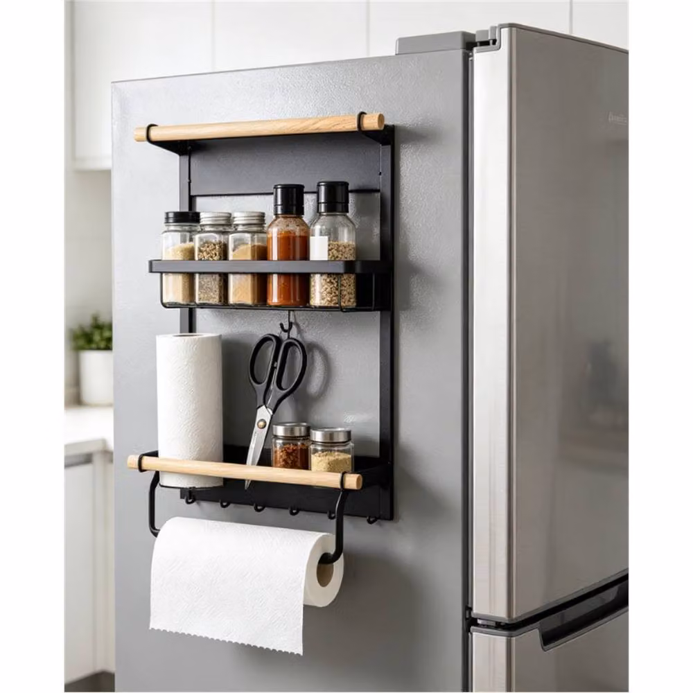 FLAVORA Black Magnetic Metal Fridge Storage Rack with Hooks – 3