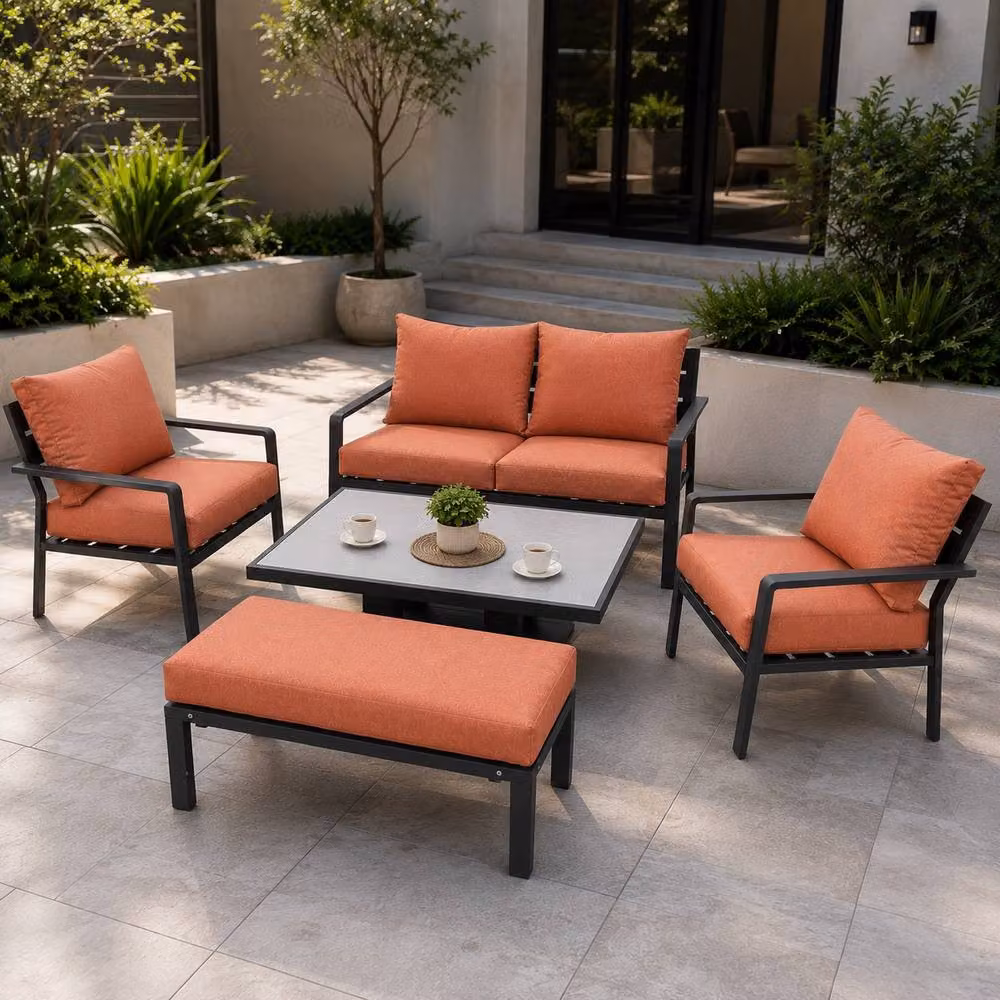 Shatchi 4 Seater Aluminium Garden Sofa Set with Gas Lift Table and Terracotta Cushions – 3