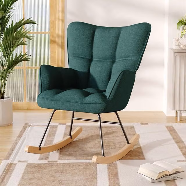 Livingandhome Mid-Century Green Fabric Tufted Upholstered Rocking Chair with Armrests and Wooden Runner