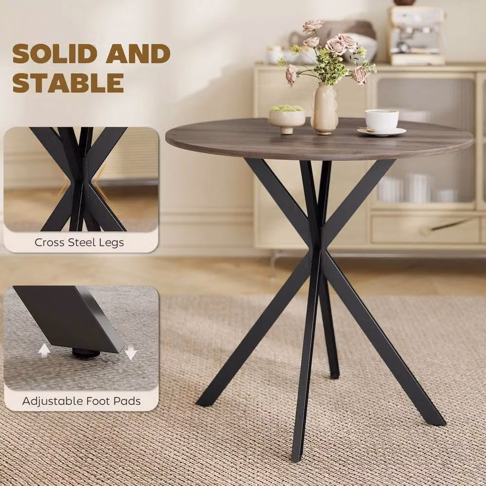 NESTLUNE Industrial Round Dining Table in Grey and Black with Wood Top and X-Frame Metal Legs, Diameter: 80 cm – 3