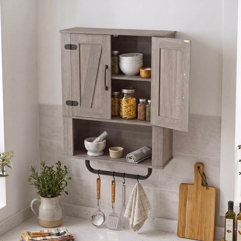 Costway Grey Rustic Wooden Wall Mounted Bathroom and Kitchen Storage Cabinet with Internal Shelves and Hinged Doors – 3