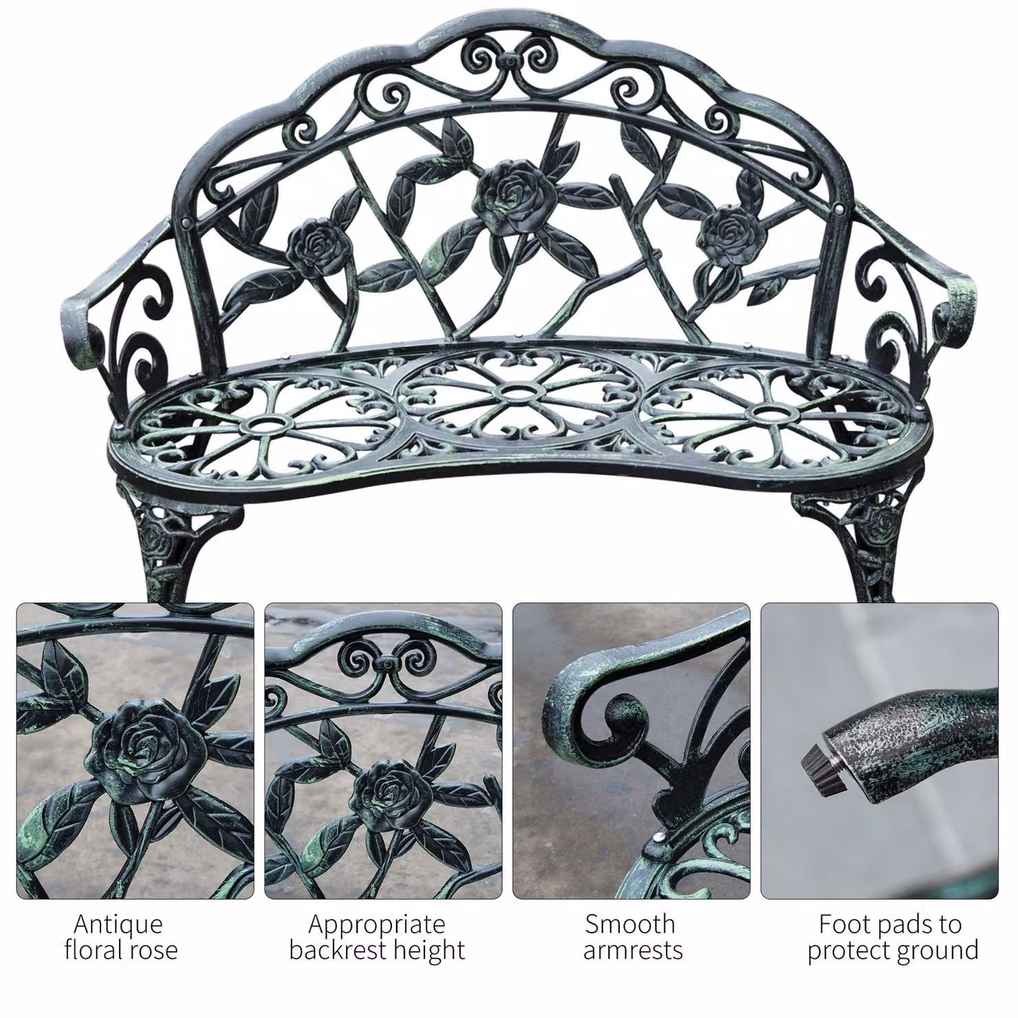 Outsunny Antique Rose Style Powder Coated Aluminium Garden Bench in Green – 4
