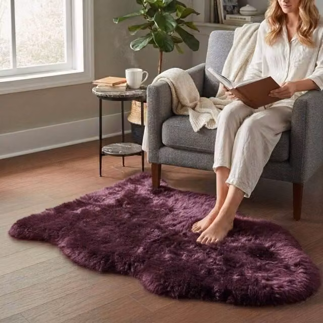 Infinity Leather Natural Wool Single Sheepskin Rug in Burgundy, W: 90 cm x D: 60 cm