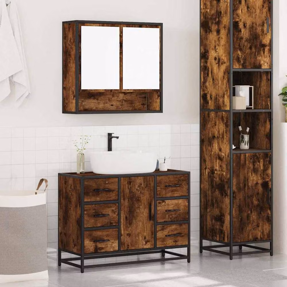 Berkfield Home 2 Piece Industrial Bathroom Furniture Set in Smoked Oak Brown featuring Vanity Unit and Mirror Cabinet – 2