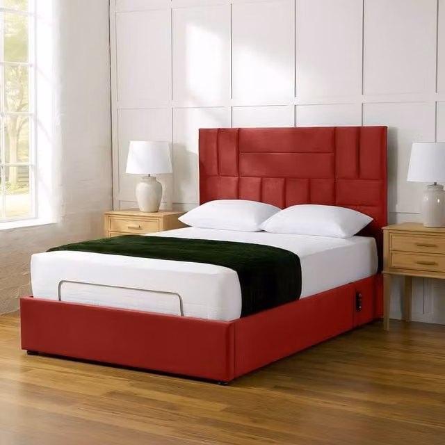 Paradise Beds Ltd Electric Adjustable Panel Mobility Bed with Headboard and Mattress in Red Velvet, W/D/H: 120 x 200 cm