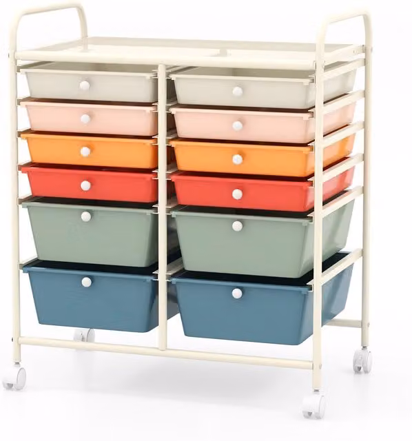 Costway 12 Drawer Rolling Storage Cart with Lockable Wheels and Metal Construction in Multicolour
