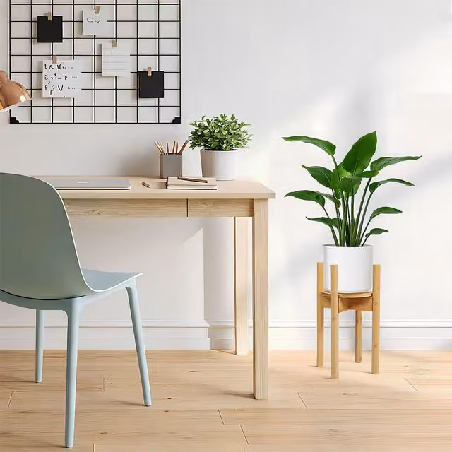 Levede Modern Bamboo Adjustable Plant Stand with Round Wood Tabletop, Yellow