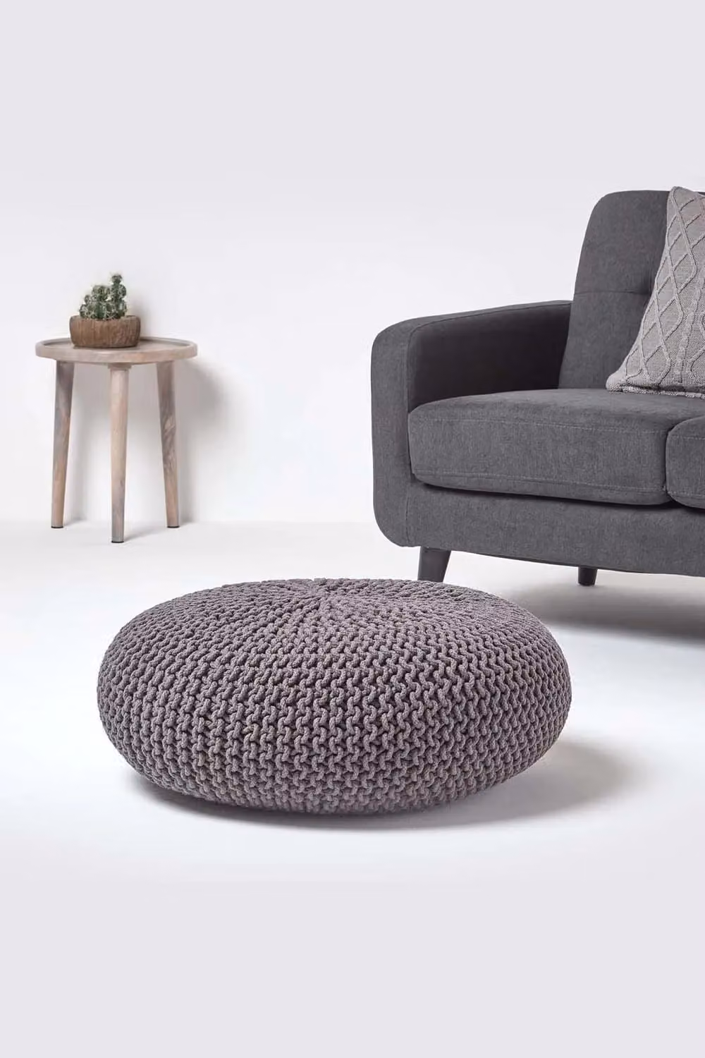 Homescapes Large Round Cotton Knitted Pouffe Footstool in Grey – 2