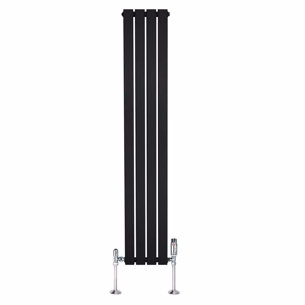 Monstershop Flat Single Column Steel Radiator and Valves with Thermostat Head, Black, H: 160 cm, W: 28 cm – 2