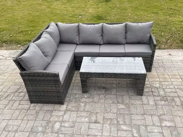 Fimous 6 Seater Outdoor Rattan Garden Furniture Set with Corner Sofa and Oblong Coffee Table in Dark Grey