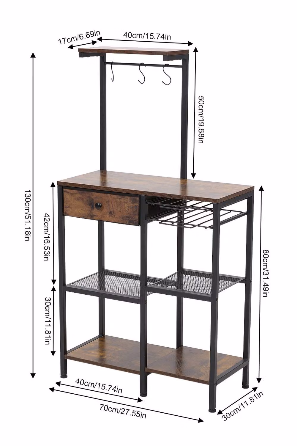 Living and Home Retro Coffee Station with Drawer in Brown Wood – 7