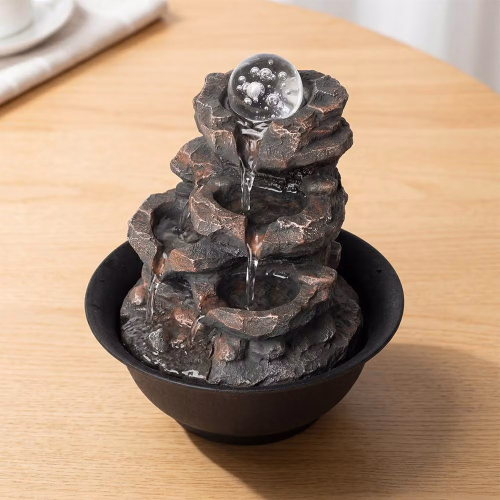 Spector Brown Tabletop Indoor Water Fountain with 3-Speed Flow and Rustic Resin Rock Design – 2