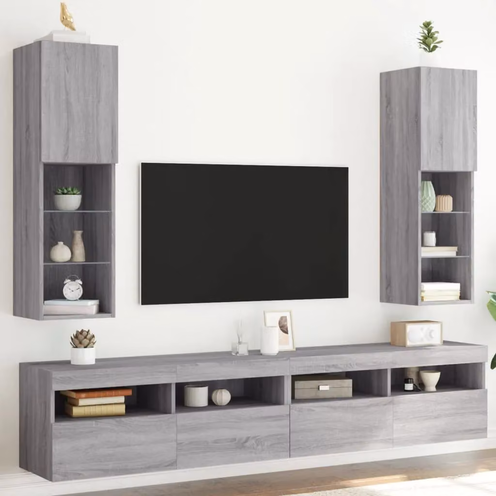 Berkfield Home Set of 2 Modern TV Cabinets with LED Lights in Grey Sonoma, W/D/H: 30.5 x 30 x 102 cm – 1