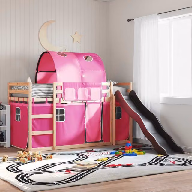 Berkfield Home Pink Solid Wood Childrens Bunk Bed with Slide and Curtains W: 80 cm, L: 200 cm