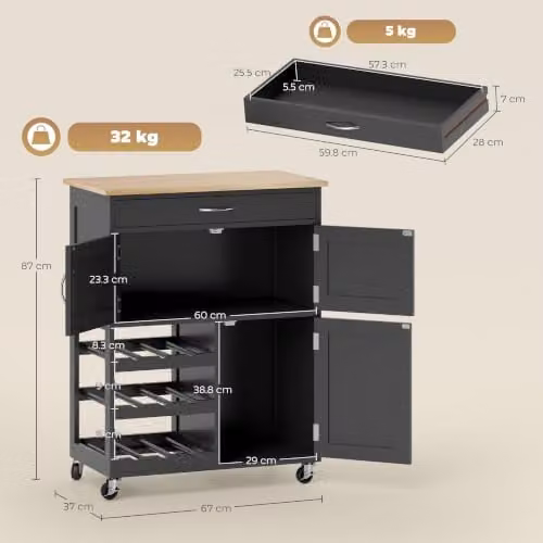 HOMCOM Modern Kitchen Trolley Rolling Island Storage Cart with Drawer, Black, W/D/H: 67.0 x 37.0 x 87.0 cm – 6