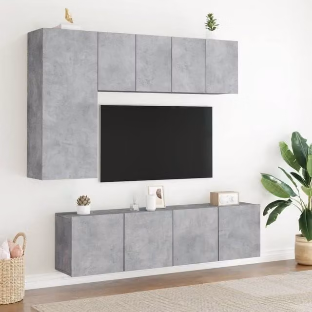 Berkfield Home 5 Piece TV Wall Unit Set in Concrete Grey MDF with Wall Cabinets and Lowboard