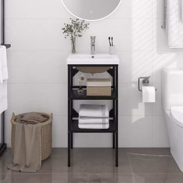 Berkfield Home Modern Bathroom Washbasin Frame with Built-in Ceramic Basin in Matt Black Metal – 1