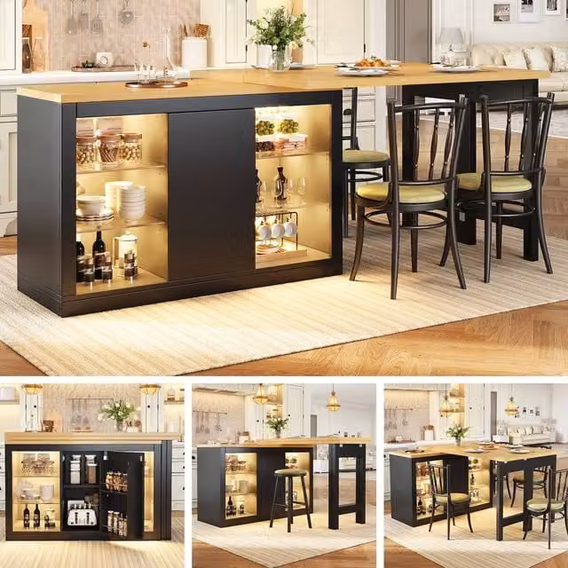 Rolipo Extendable LED Sideboard and Adjustable Dining Table with Storage in Black and White – 1