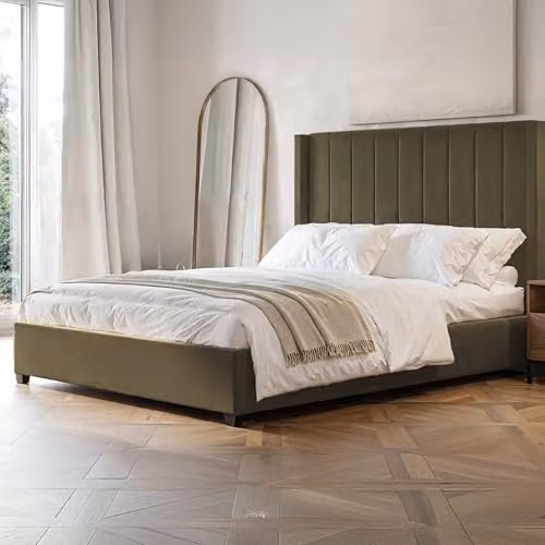 Flair Furnishings Tiggy Ottoman Bed with Winged Headboard, Khaki Green Velvet, W/D/H: 150 x 200 x 130 cm