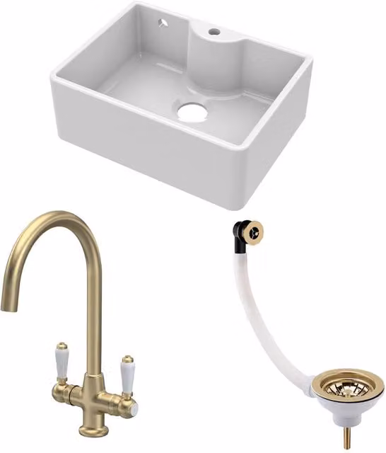 Balterley White Ceramic 1 Bowl Butler Sink with Brushed Brass Waste Tap, Width: 59.5 cm