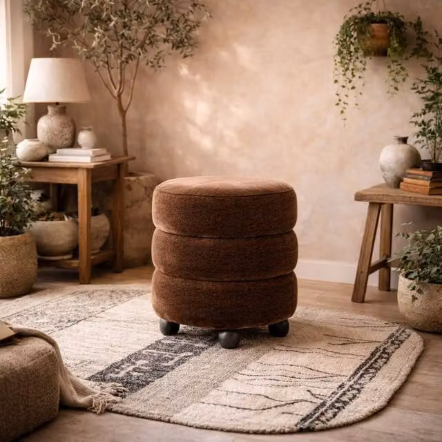 Wyld Haus Antipodes Maroon Chenille Round 3 Tier Pouffe