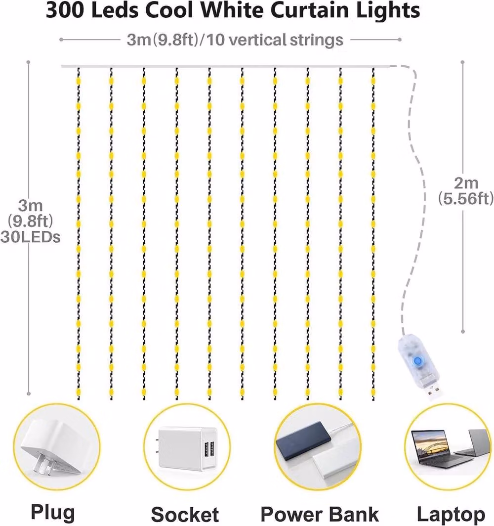 Garwarm Cool White LED Curtain String Lights with 300 LEDs and 8 Modes – 4