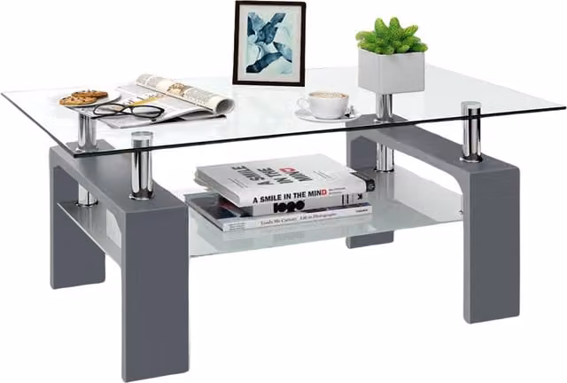 Pirlo Plush 2 Tier Rectangular Glass Coffee Table in Grey and Transparent