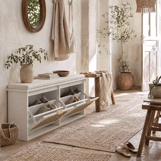 Wyld Haus Hano White and Beige Boho Shoe Bench with Cushioned Seat and 2 Rattan Flip Drawers – 1