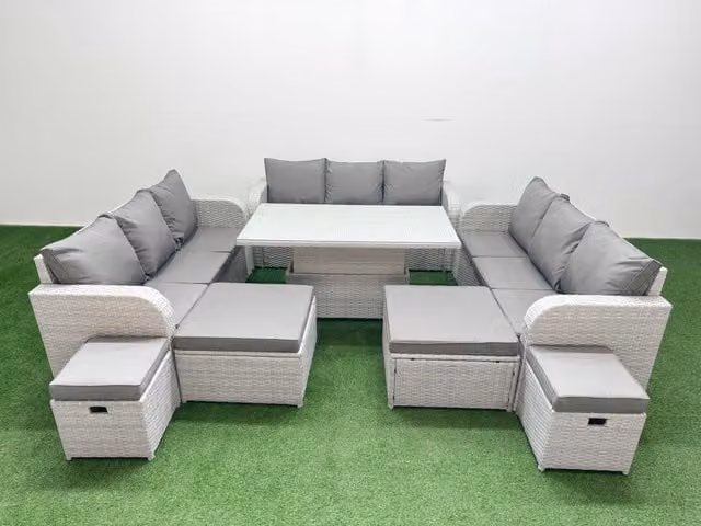 Fimous 8 Piece Garden Dining Set with Rising Table and High Back Inclining Sofa in Light Grey