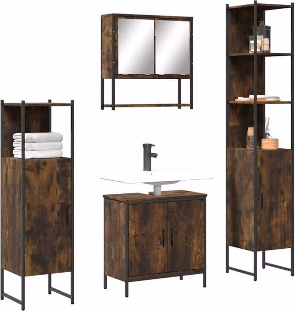 Berkfield Home 4 Piece Brown Smoked Oak Bathroom Furniture Set with Mirror Cabinet and Vanity Unit