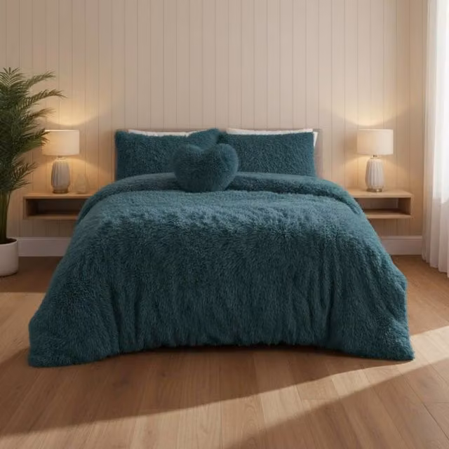 Snug City Super Fluffy Duvet Cover and Pillowcase Set in Petrol, W/D/H: 140 x 200 cm