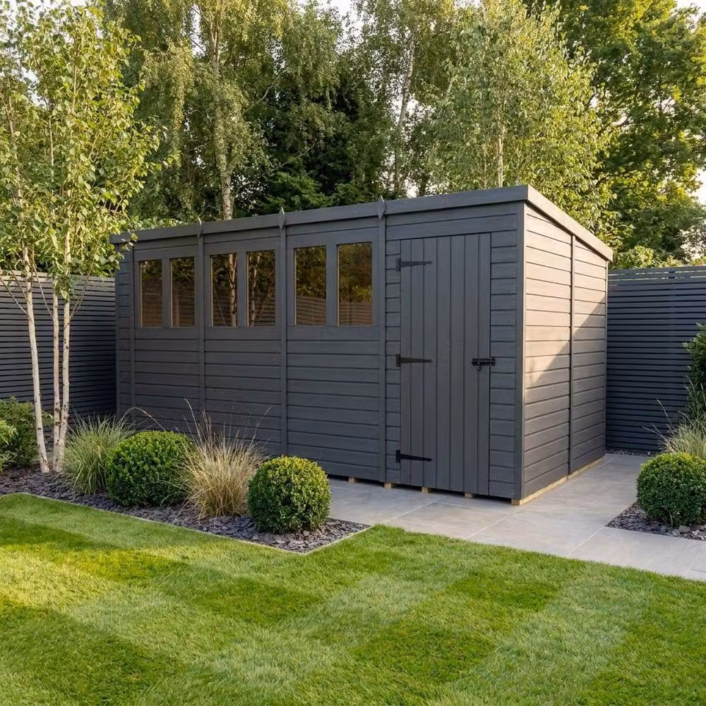 Buttercup Farm Grey Composite Pent Garden Shed with Single Door and Windows, W: 305 cm, D: 305 cm, H: 210 cm – 2