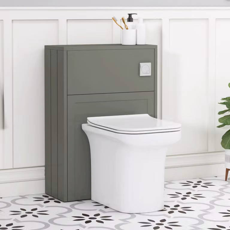 Royal Bathrooms Elmore Matt Green Wall Mounted WC Unit with Crosby White Ceramic Rimless Toilet Pan, Seat and Cistern, Width: 55 cm