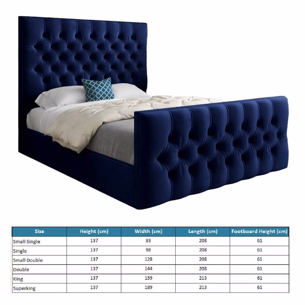 KDMD Rothwell Blue Velvet Upholstered Chesterfield Designer Bed Frame, W/D/H: 200 x 137 x 189 cm – 6