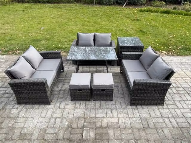 Fimous 7 Piece Outdoor Lounge Sofa Set with Rectangular Dining Table in Dark Grey PE Rattan