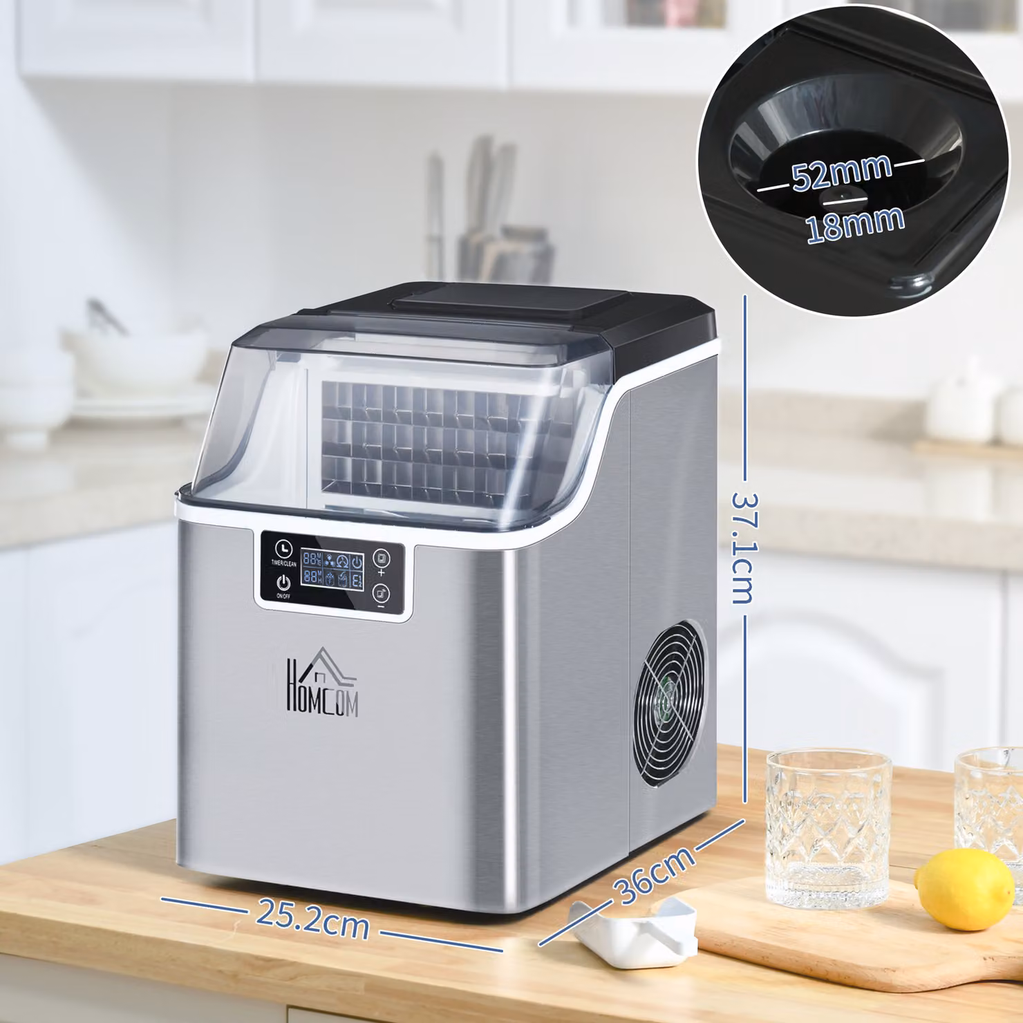 HOMCOM Silver Countertop Ice Maker Machine with 3.2L Capacity and Self-Cleaning Function – 3