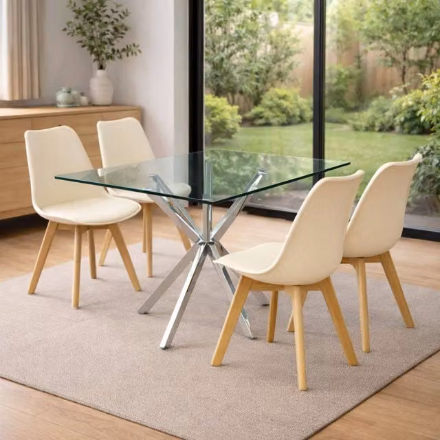 KOSY KOALA Modern Rectangular Glass Dining Table Set with 4 Beige Plastic Chairs, W/D/H: 120 x 70 x 75 cm