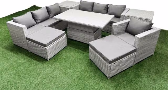 Fimous 7 Piece Rattan Dining Table Set with 3 Seater Sofa in Light Grey – 1