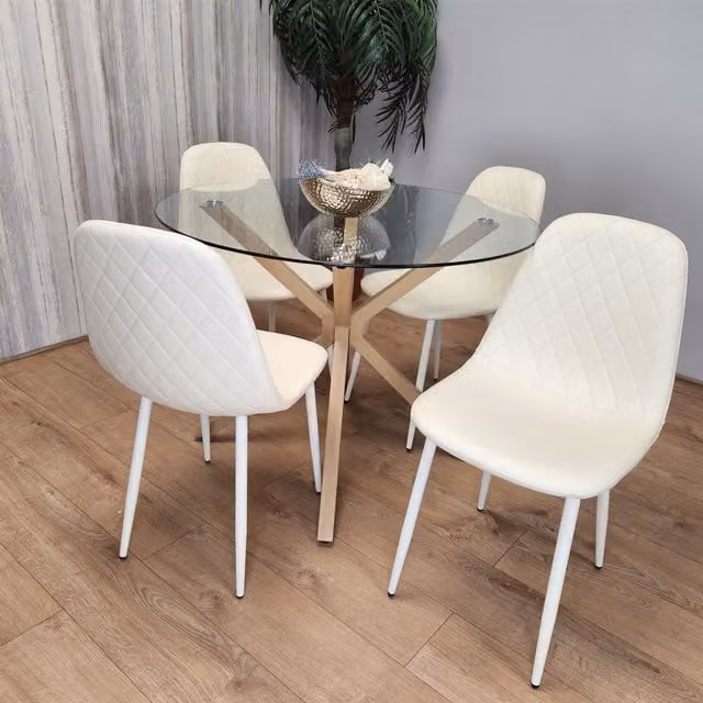 Kosy Koala Round Glass Dining Table Set with 4 Cream Geometric Pattern Chairs in Clear and Cream – 1