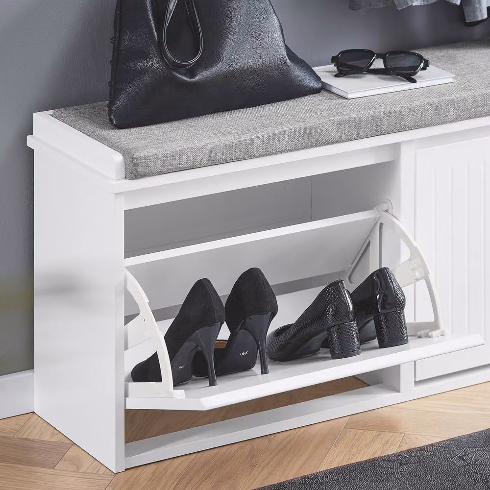 SoBuy Modern Slim Entrance Bench and Shoe Rack with Upholstered Fabric Frame in White and Grey – 3