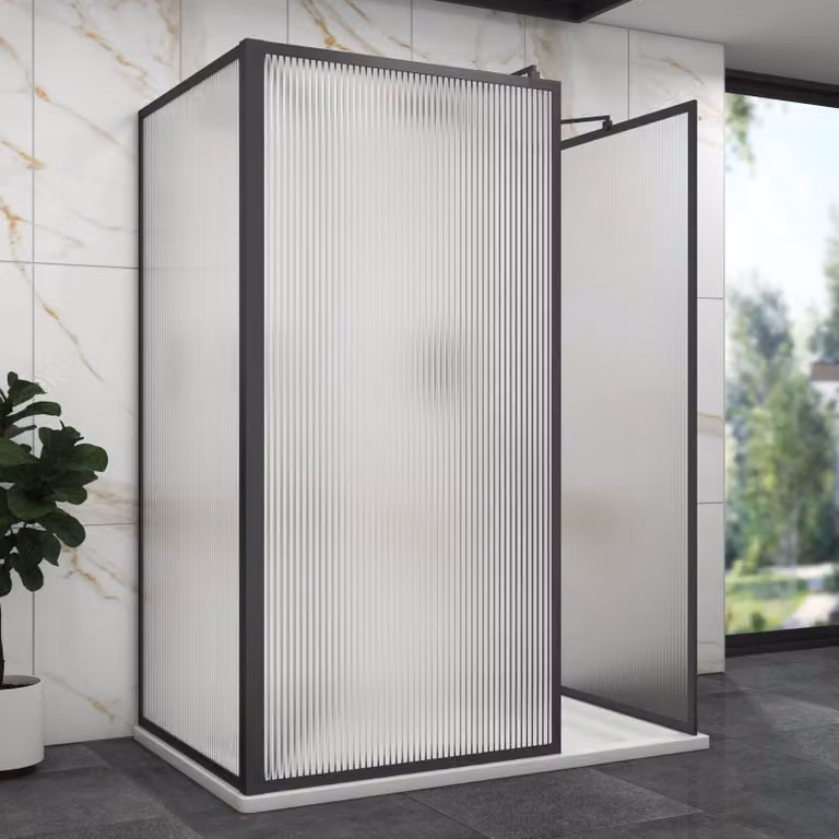 Luxor 3 Sided Walk In Fluted Shower Enclosure with Matt Black Frame and Easy Clean 8mm Glass, W/D: 170 x 76 cm