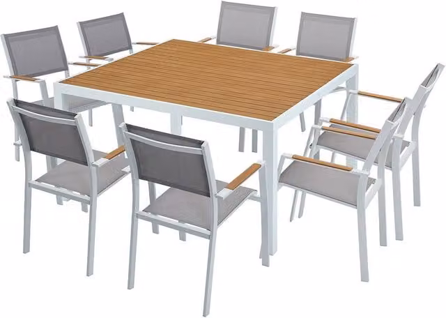 MYLIA Modern White Matt Metal Garden Dining Set with Square Table and 8 Stackable Chairs, W: 140 cm, D: 140 cm, H: 74 cm