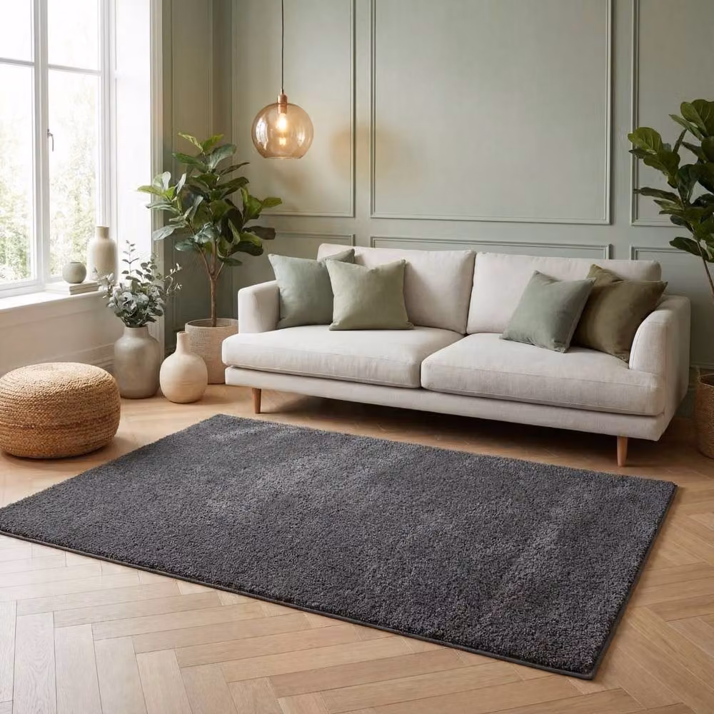 THE RUGS Soft Plain High Pile Shaggy Round Rug in Dark Grey, Diameter: 120 cm – 3